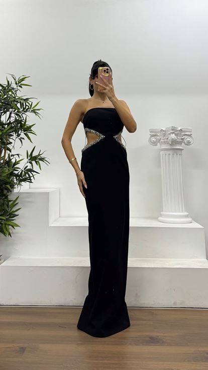 Siyah Straplez Bel Detay Özel Tasarım Abiye Elbise